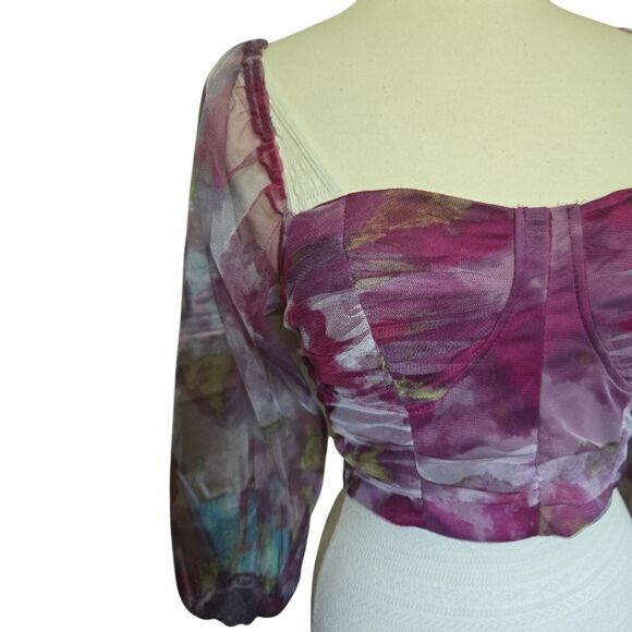 Pink Floral Ruched Crop Blouse W 3/4 Sleeves - M - Picture 4 of 10